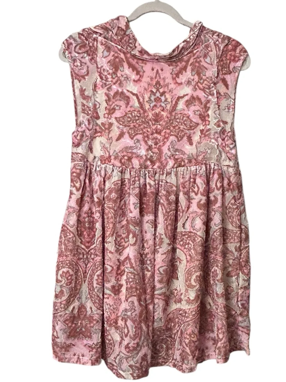 Free People All The Time Velvet Pink Paisley Boho Mini Dress Size XS Oversized